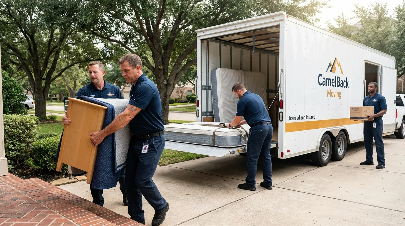 Crew loading residential truck for cross-state move from Manchester, NY