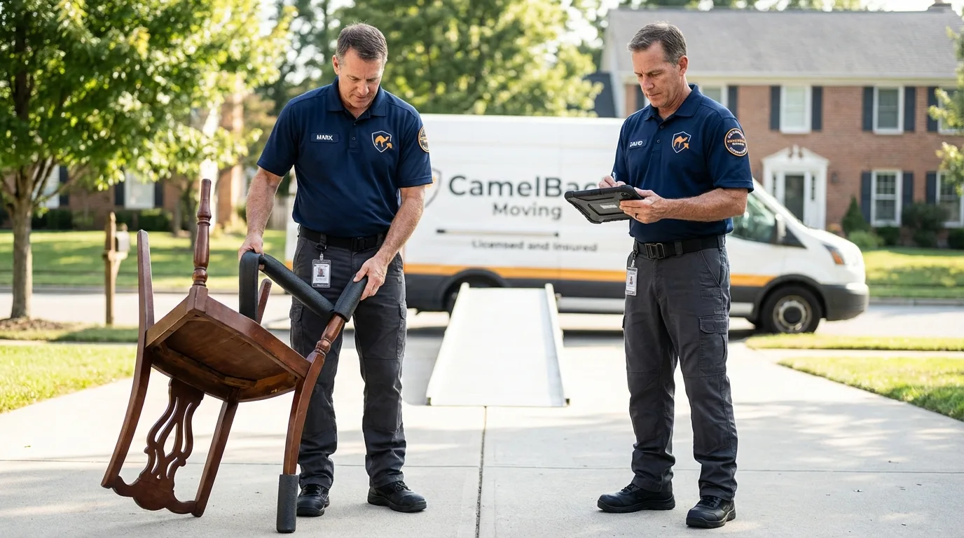 Movers inspecting furniture for damage prevention before loading in Manchester, NY