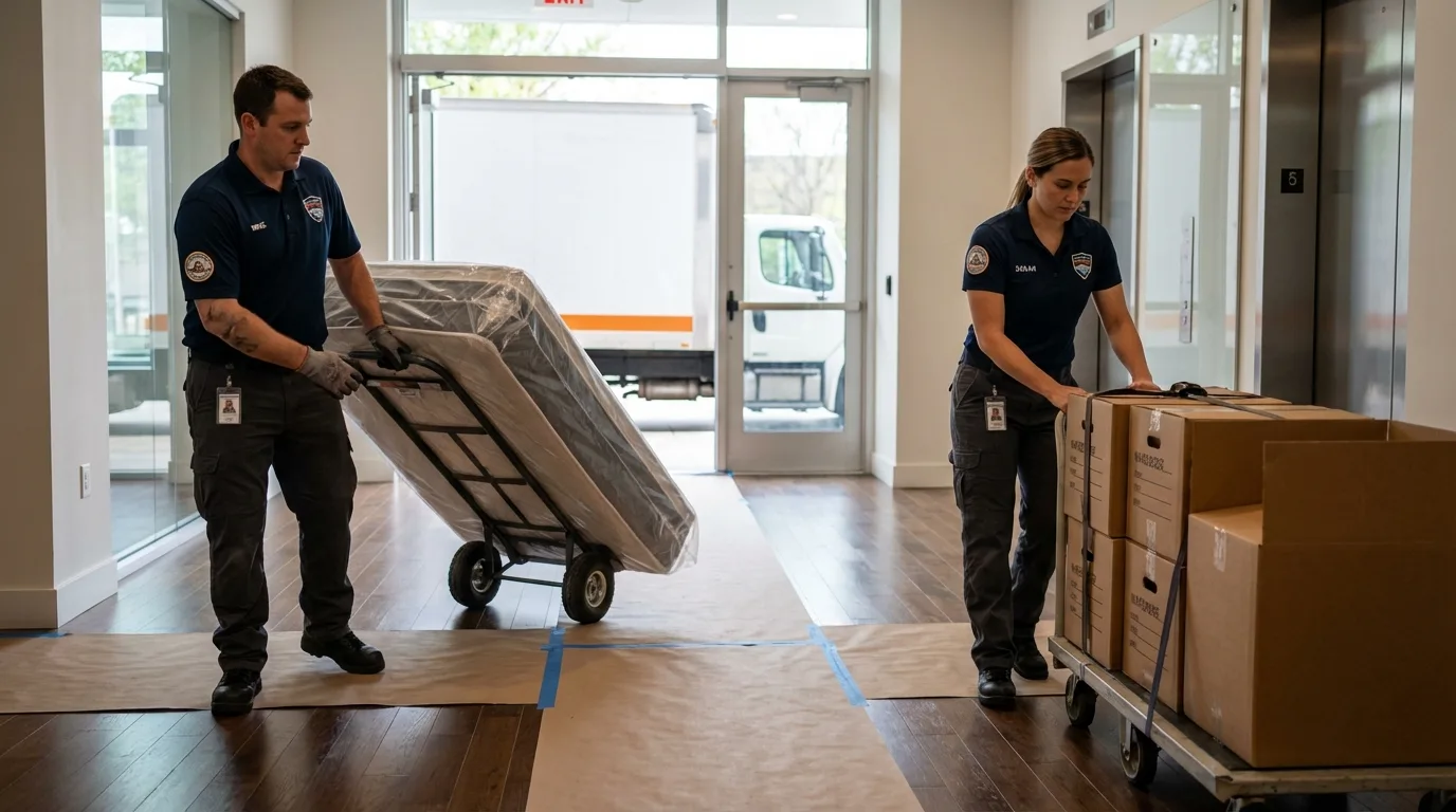 Professional apartment movers loading elevator in Manchester, NY