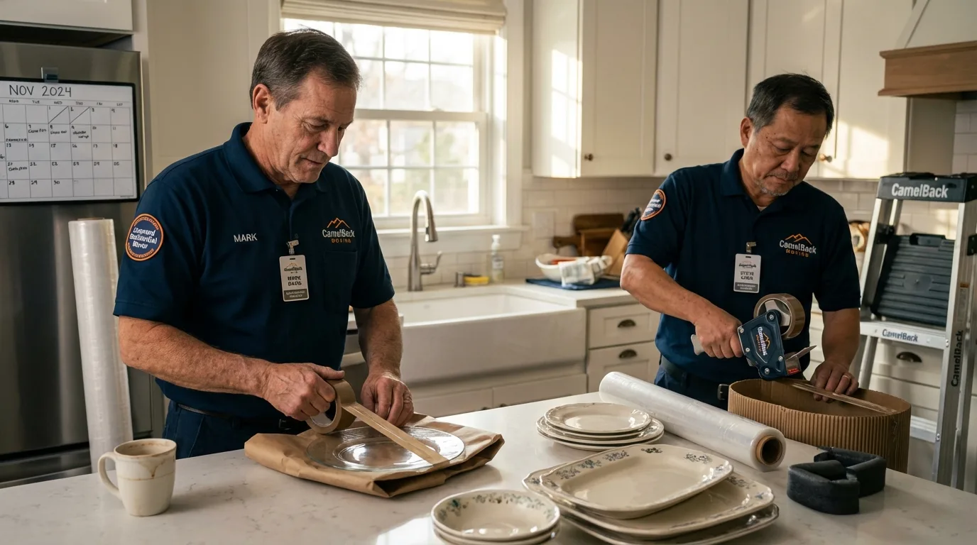 Professional crew packing kitchen dishware in Manchester, NY
